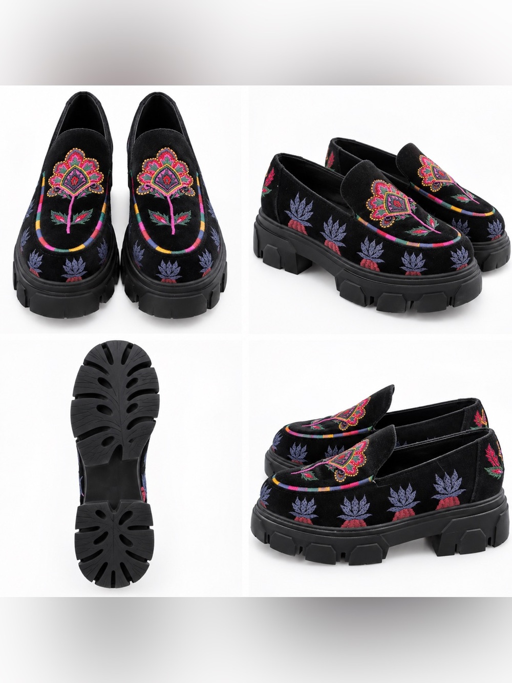 FARM Rio Black Velvet Embroidered Floral Chunky Loafers